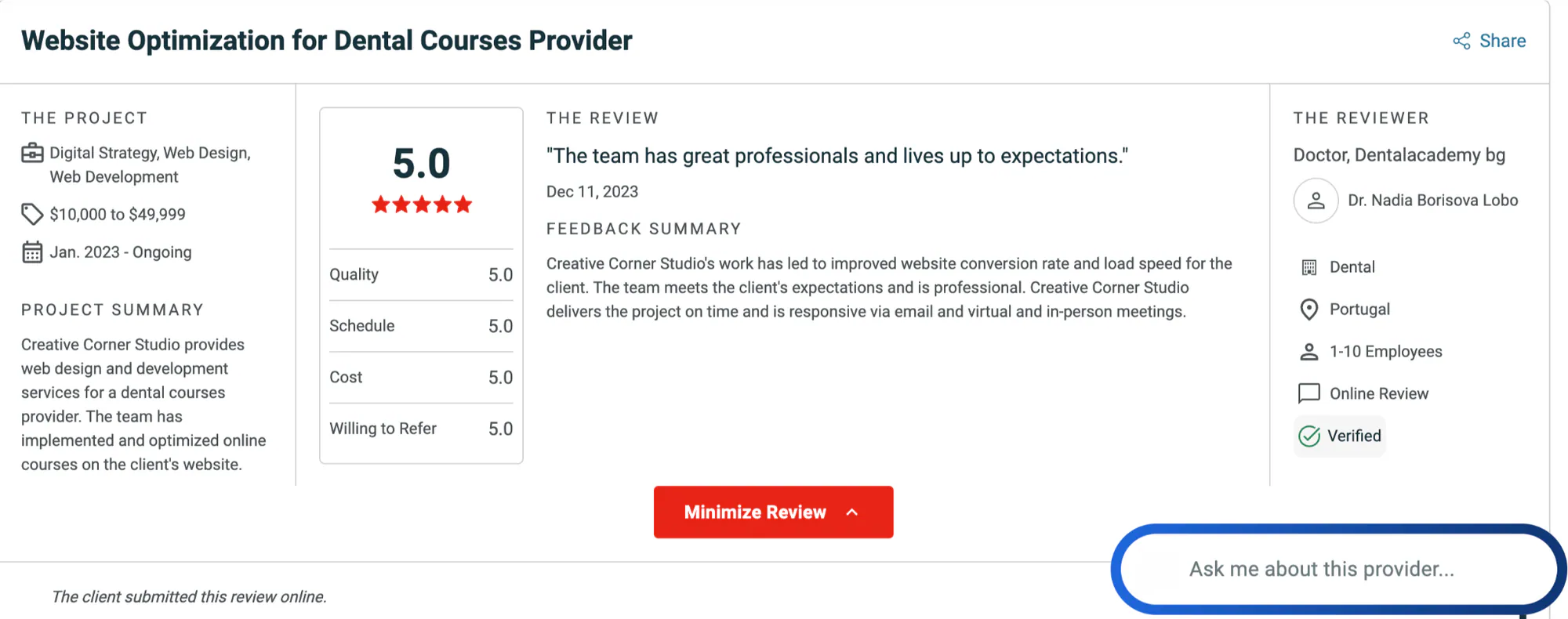 Creative Corner Studio's Clutch Webflow review screenshot
