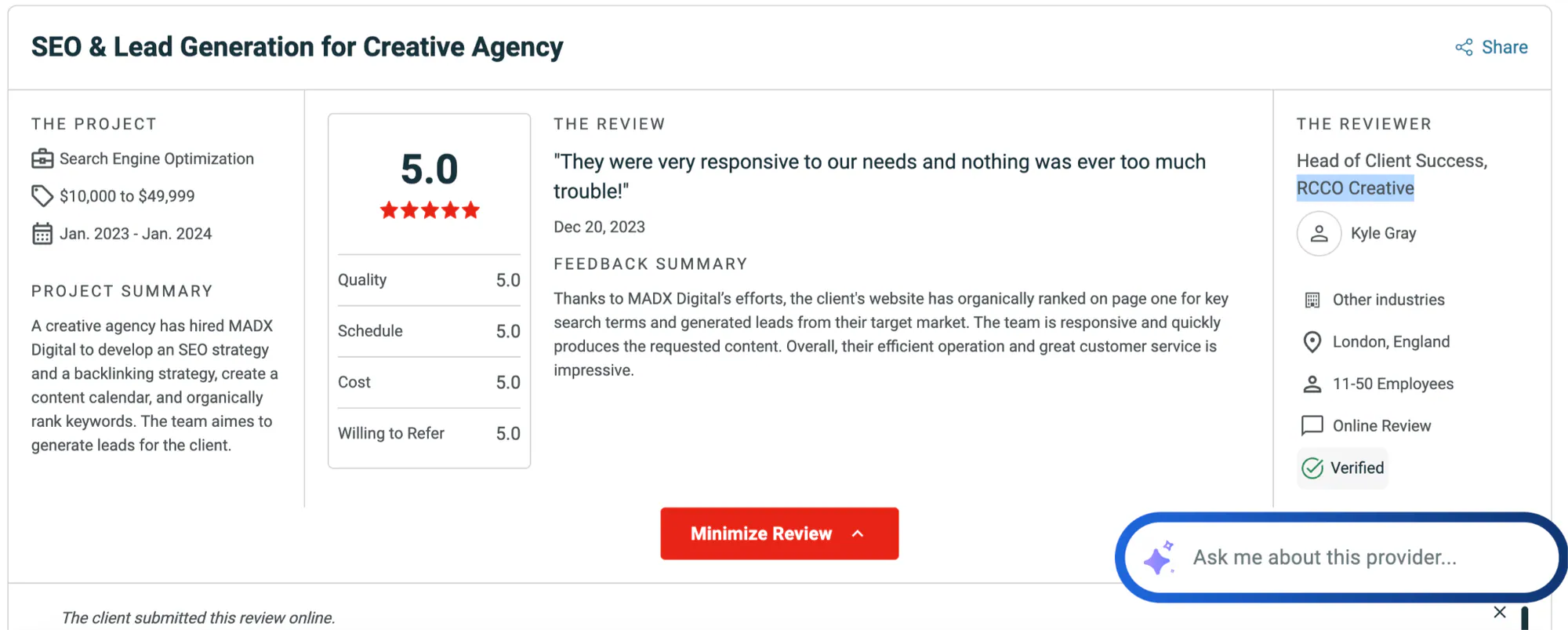 MADX Clutch Webflow review screenshot